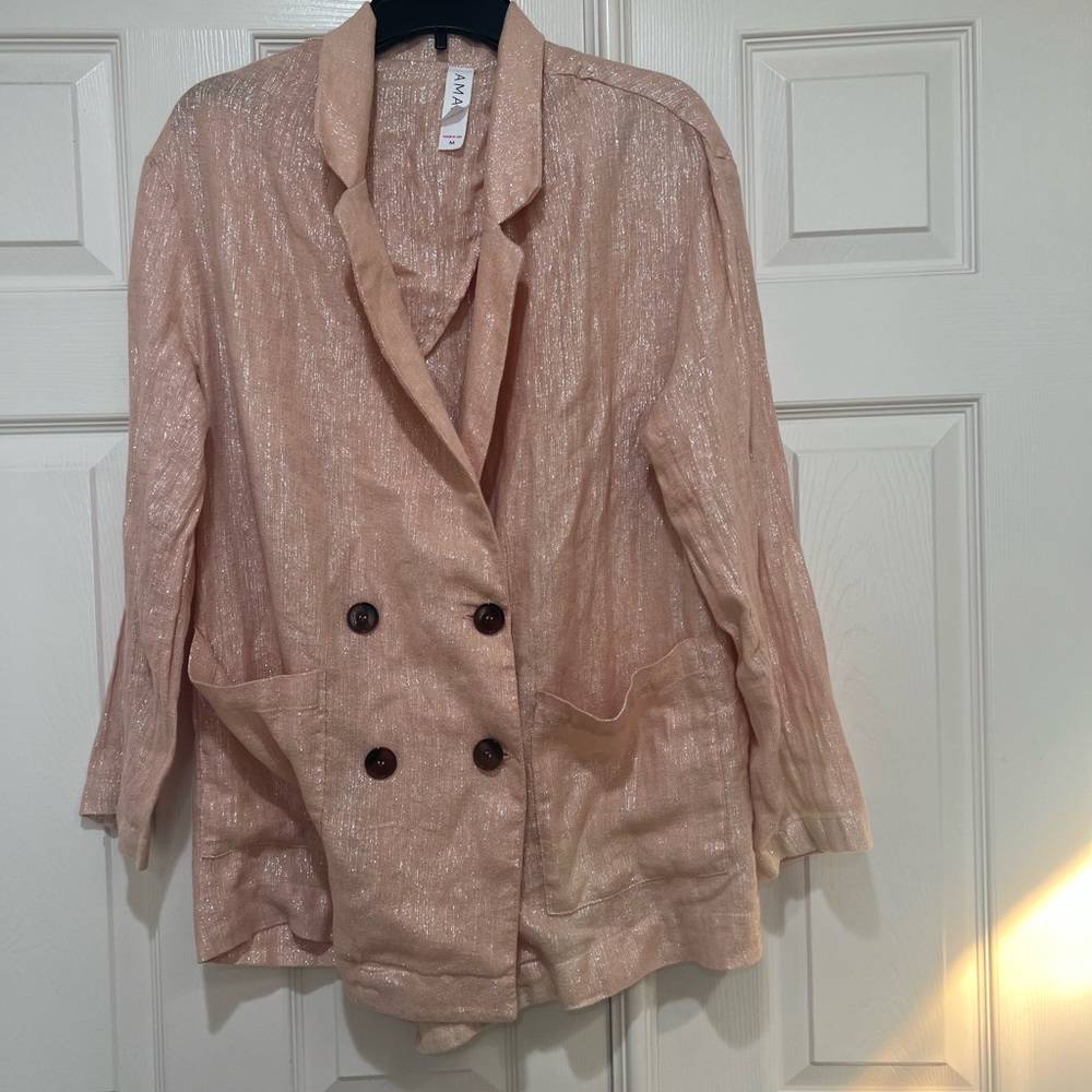 Anthropologie AMADI‎ Kaye Metallic Pink Double Breasted Linen Cotton Blazer m